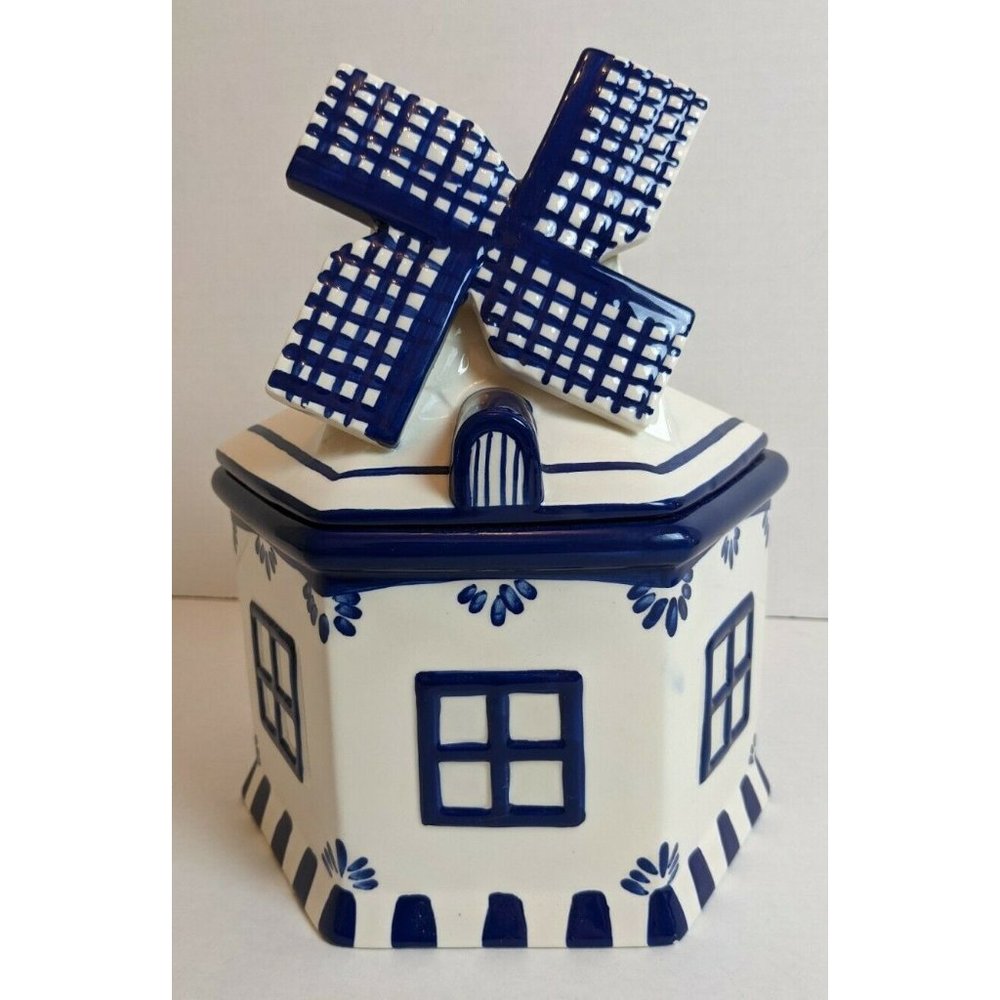 Vintage Delft Blue Windmill Cookie Jar 10"